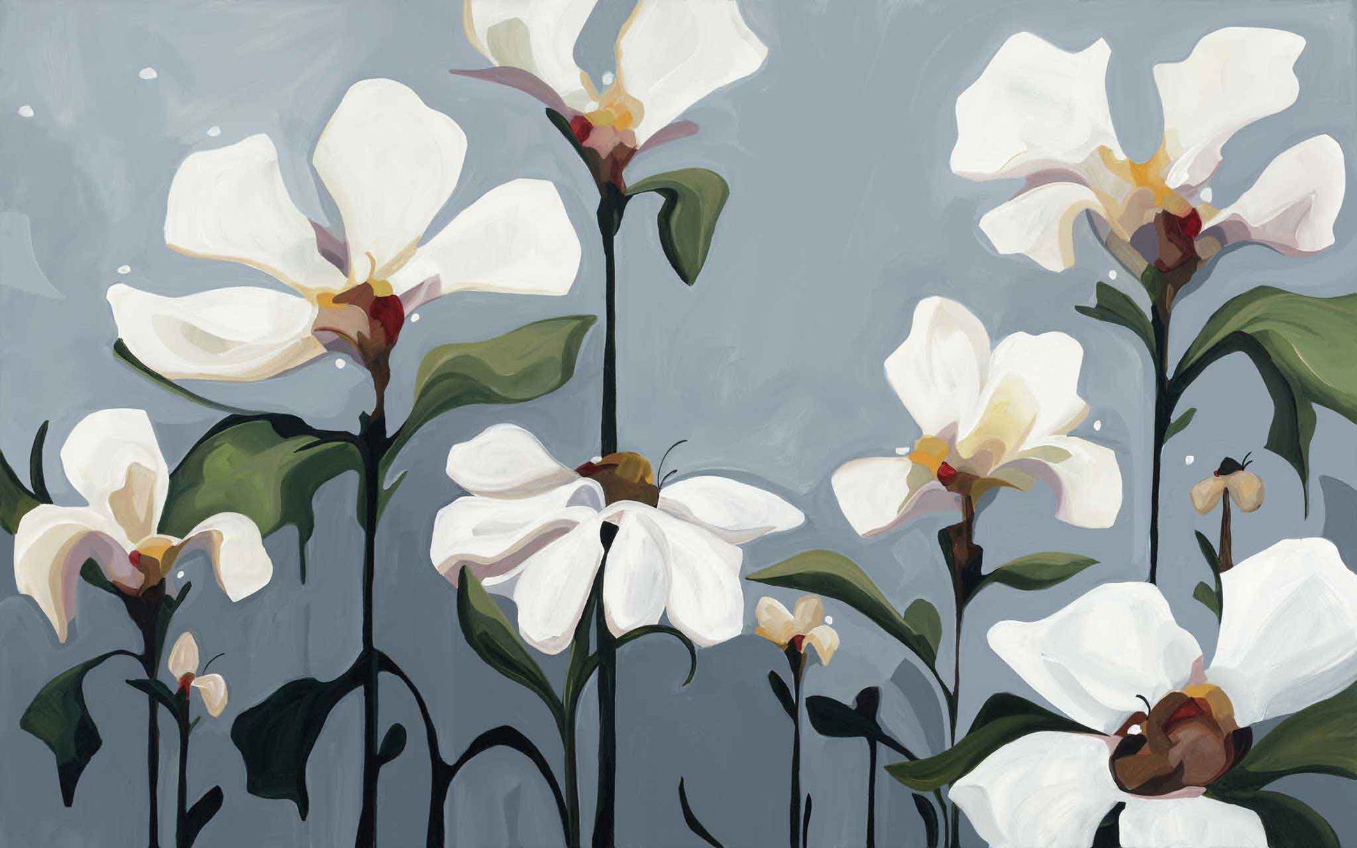 Large original acrylic painting of flowers in creamy white on a soft grey background