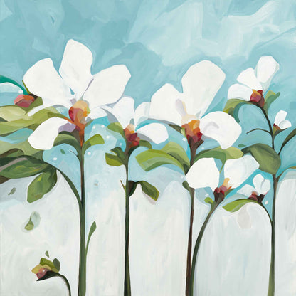 Acrylic flower painting print of white flowers on a light blue background with soft green leaves