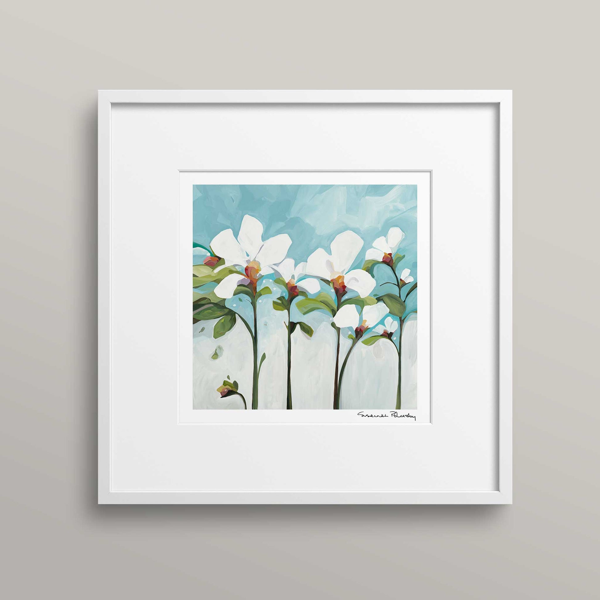 Framed acrylic flower painting print of white flowers on a blue background with green foliage