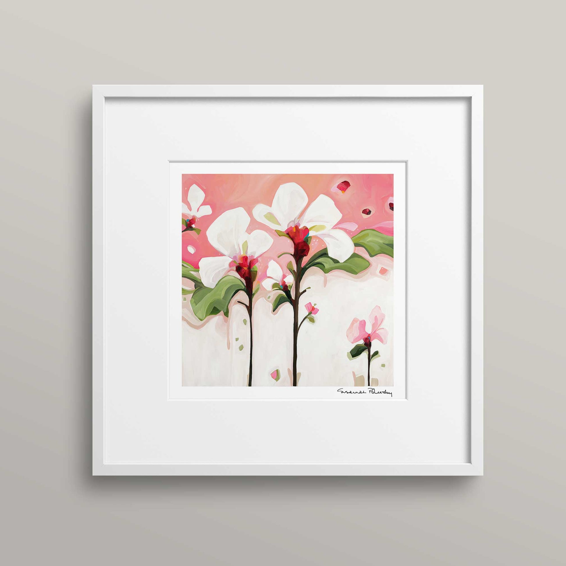 Framed acrylic flower painting print of white flowers on soft pink peach background
