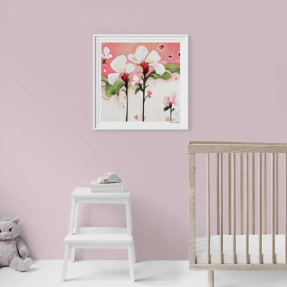 Acrylic flower painting print with white flowers and soft pink peach background for nursery art