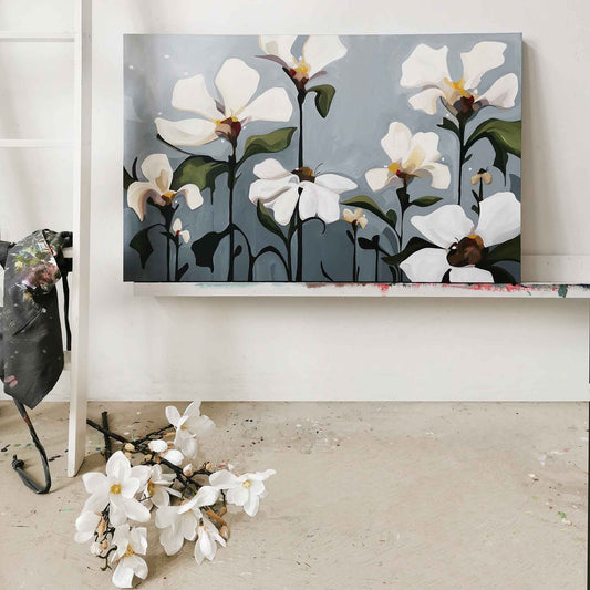 large horizontal art painting of contemporary flowers on a gray background