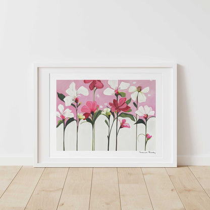horizontal art print of an acrylic flower painting with magenta pink and white flowers in a white frame