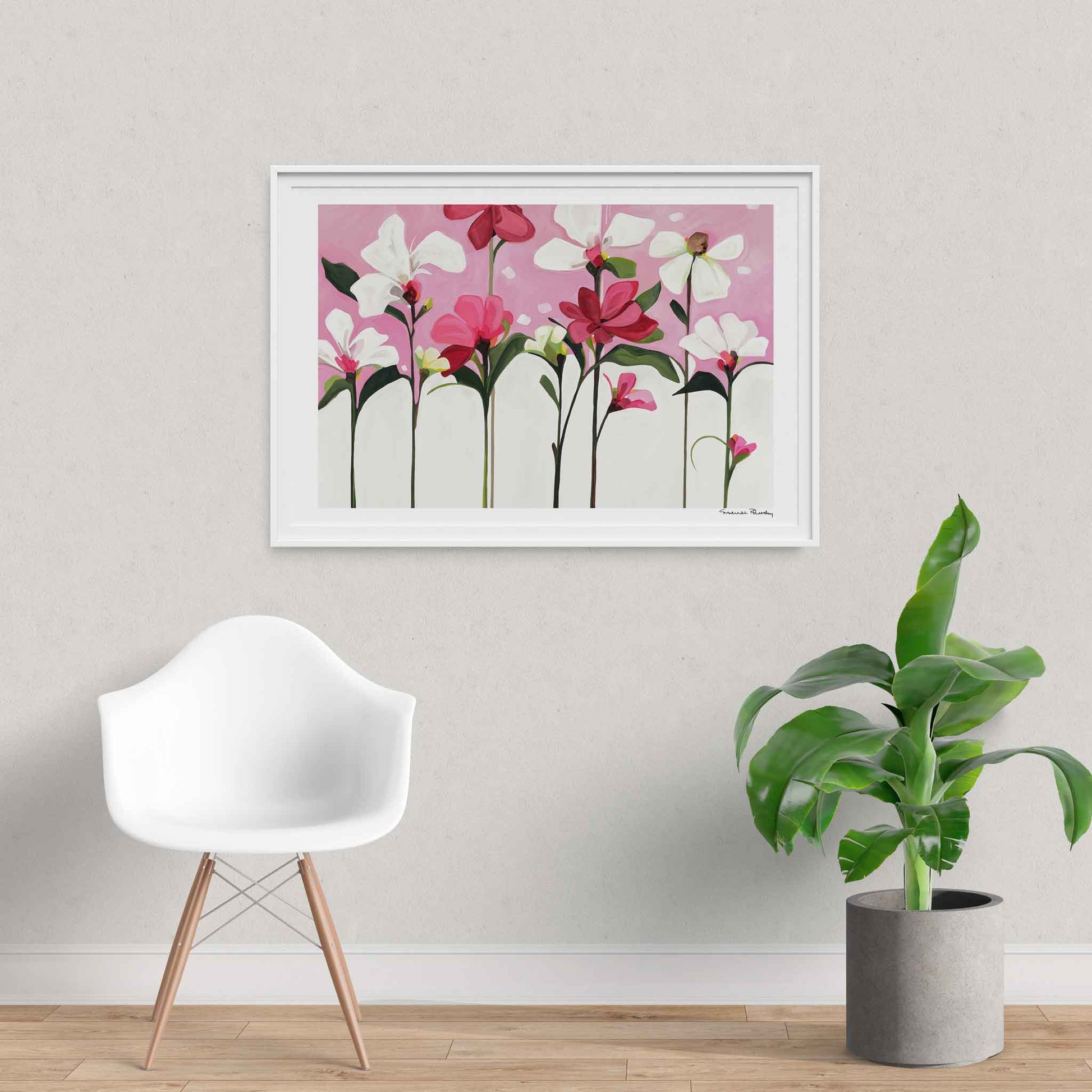 magenta pink and white flowers showcased in a large horizontal art print created from an acrylic flower painting