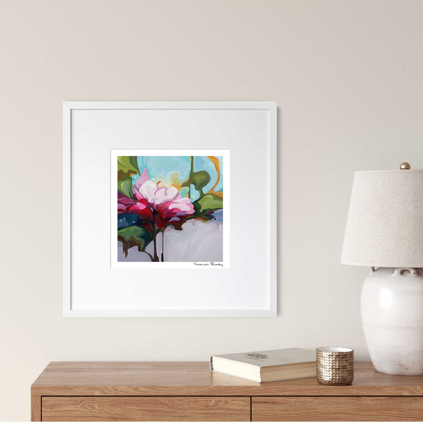 Contemporary floral art print of september rose acrylic flower paintin 12x12 framed art print