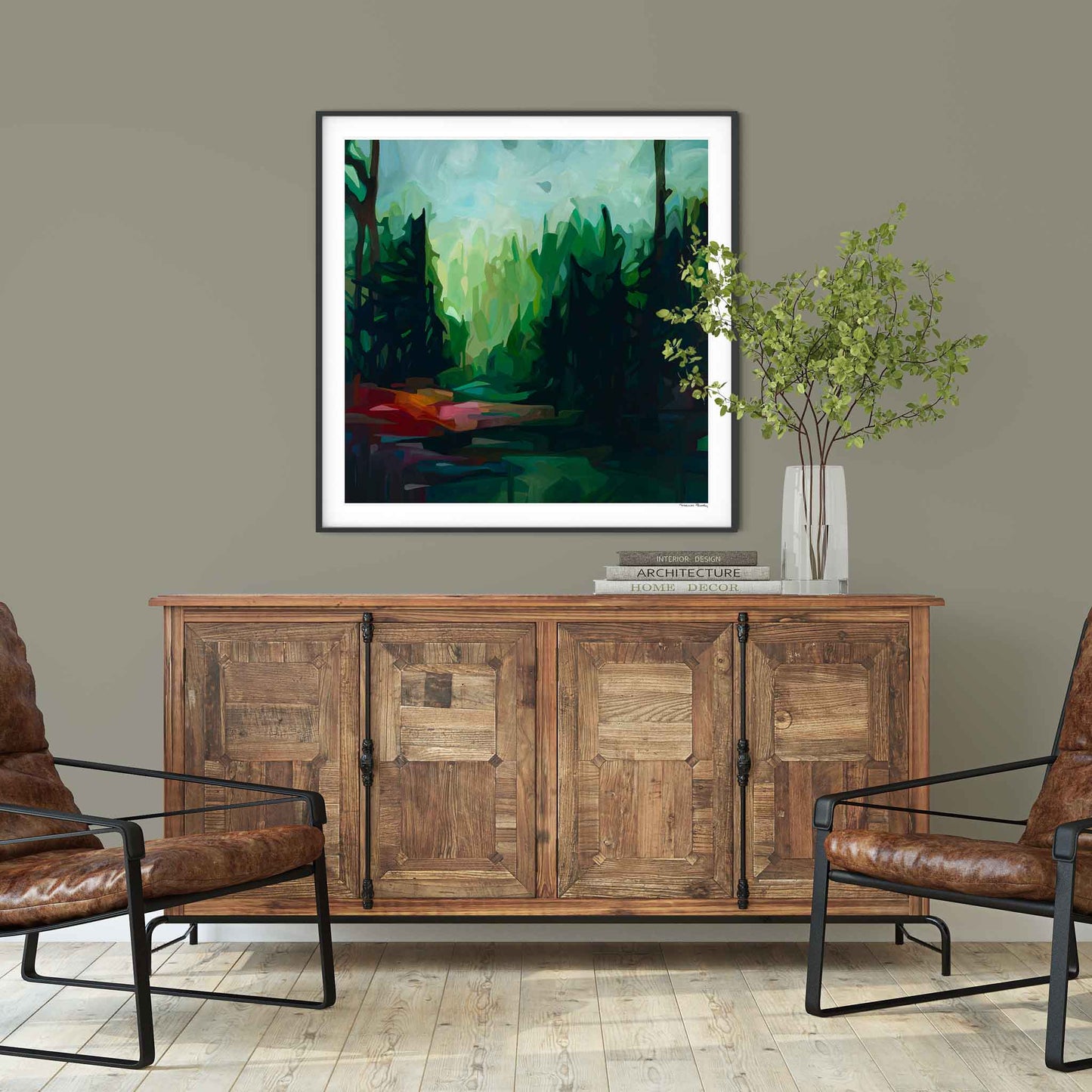 oversized framed emerald green abstract art print of an acrylic forest painting by Canadian abstract artist Susannah Bleasby