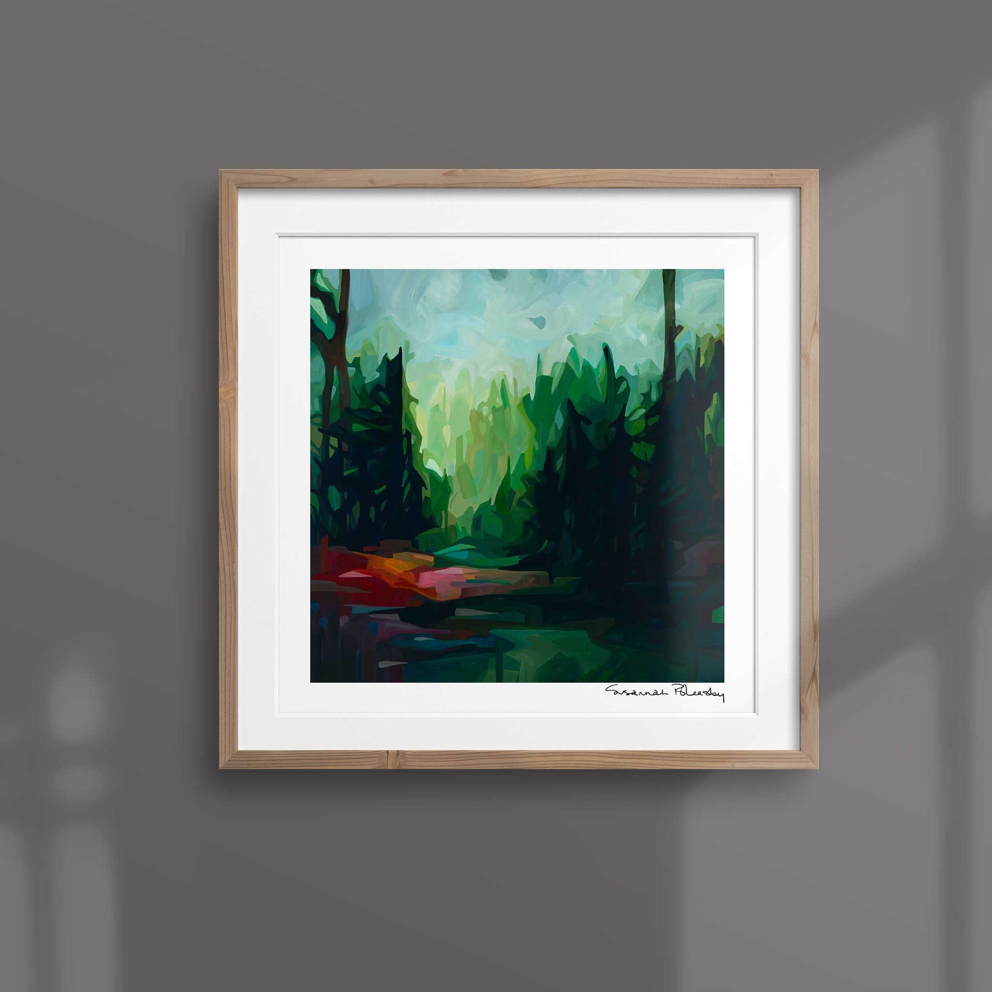 framed emerald green abstract art print of an abstract forest painting by Canadian abstract artist Susannah Bleasby