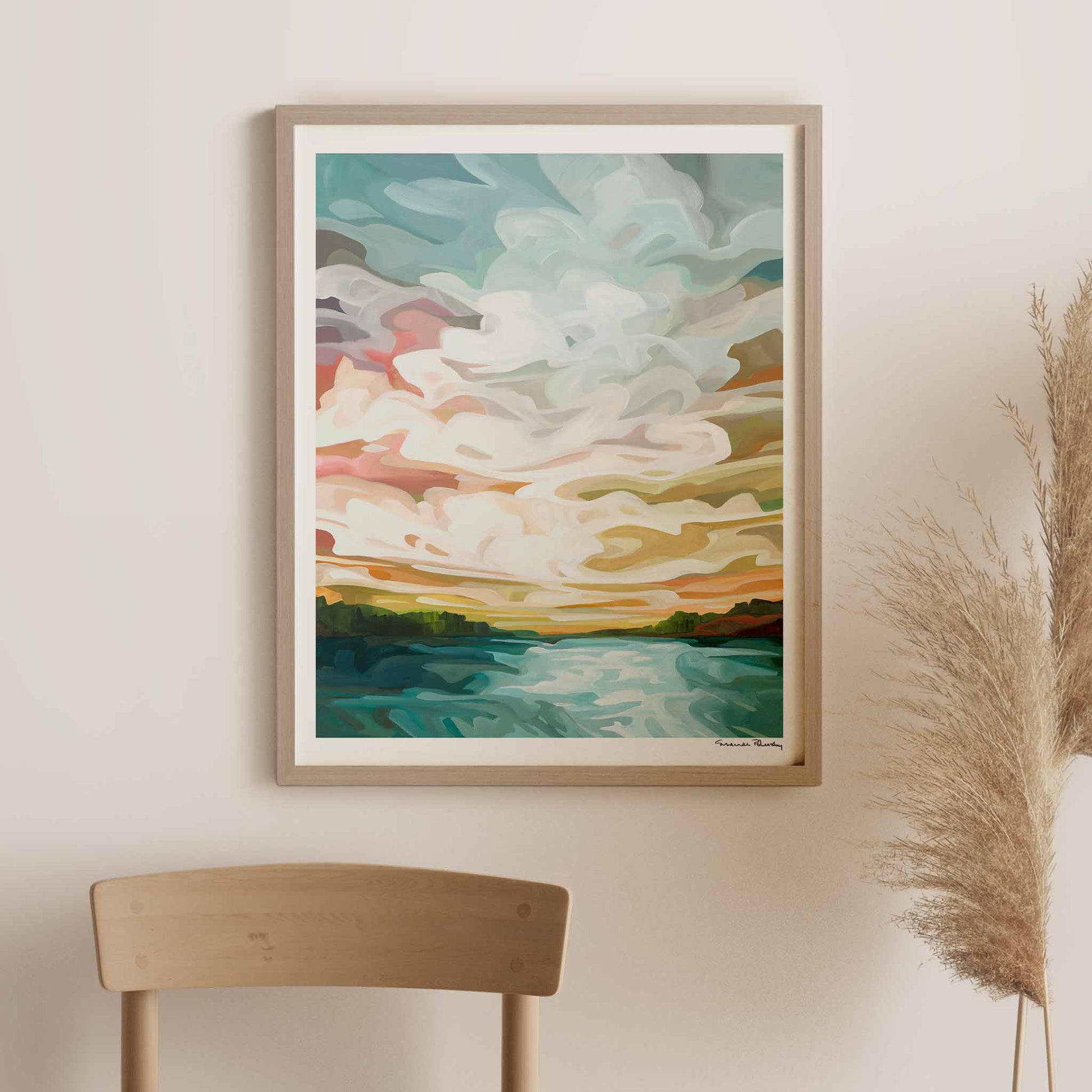 large vertical art print of a pastel sunrise painting by Canadian abstract artist Susannah Bleasby