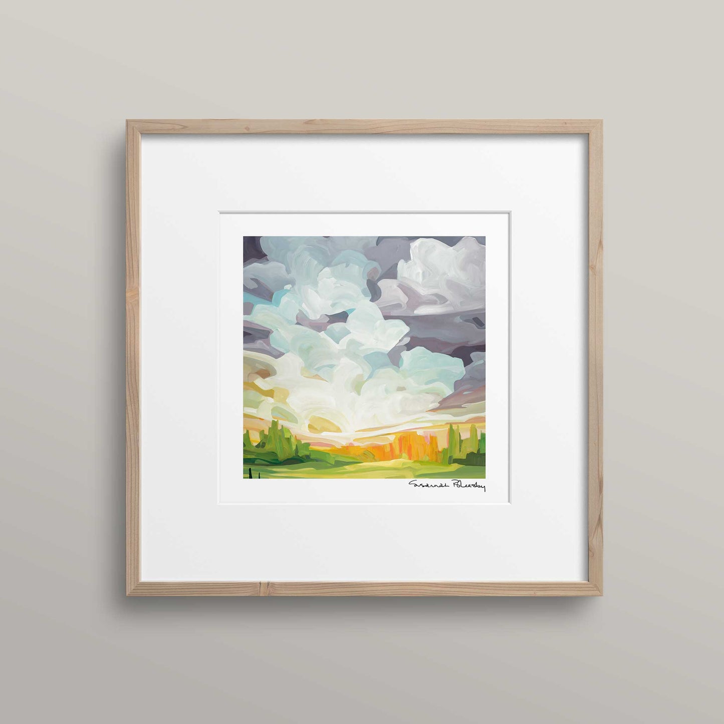 Square art print of a misty morning sunrise by Candian abstract artist Susannah Bleasby
