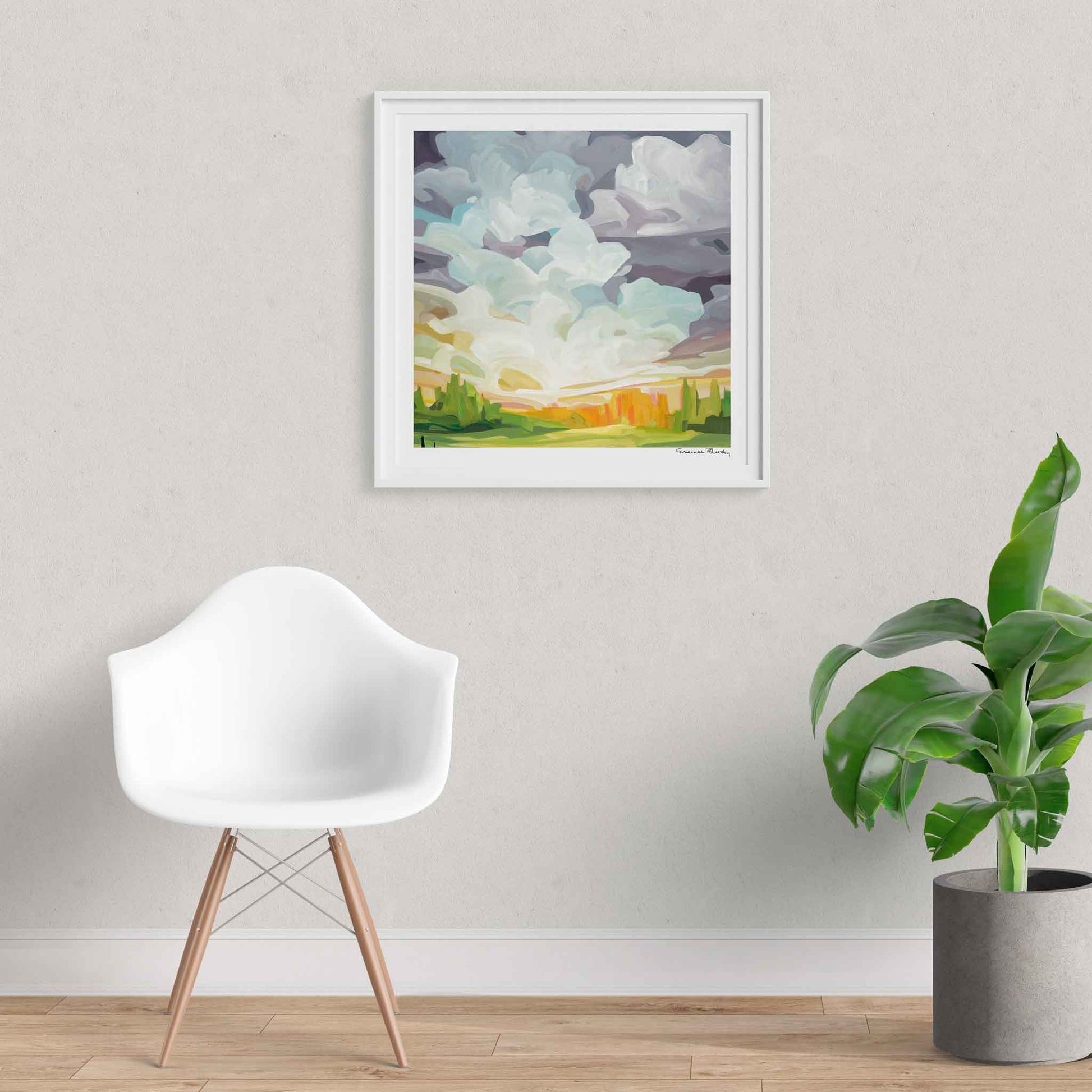 Framed 20x20 square art print of a light mauve sunrise painting by Canadian artist Susannah Bleasby