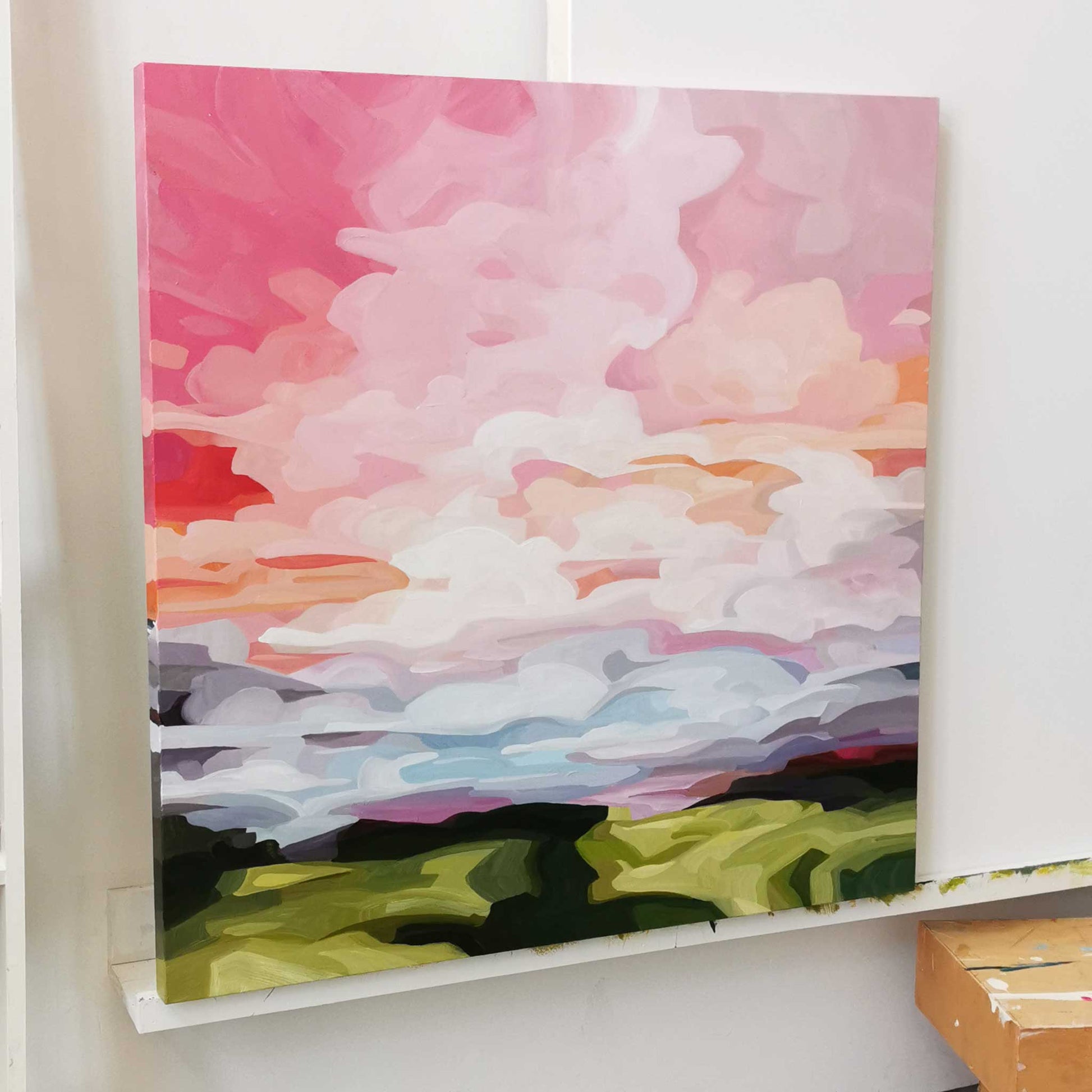 Acrylic sky painting large art on canvas in bright colours by Canadian artist Susannah Bleasby