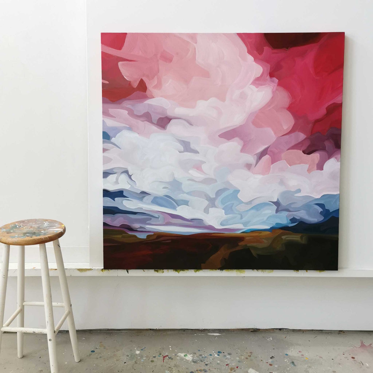 An abstract acrylic sky painting in a dramatic palette of bold colous. A large original cloud painting on canvas by Canadian artist Susannah Bleasby