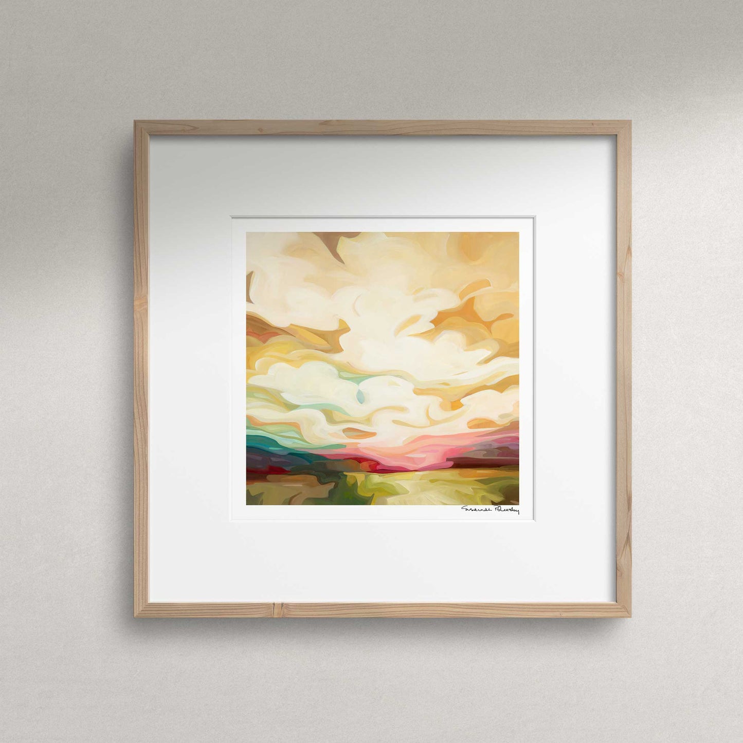 acrylic sky painting of golden sunrise as framed art print wall art by artist Susannah Bleasby