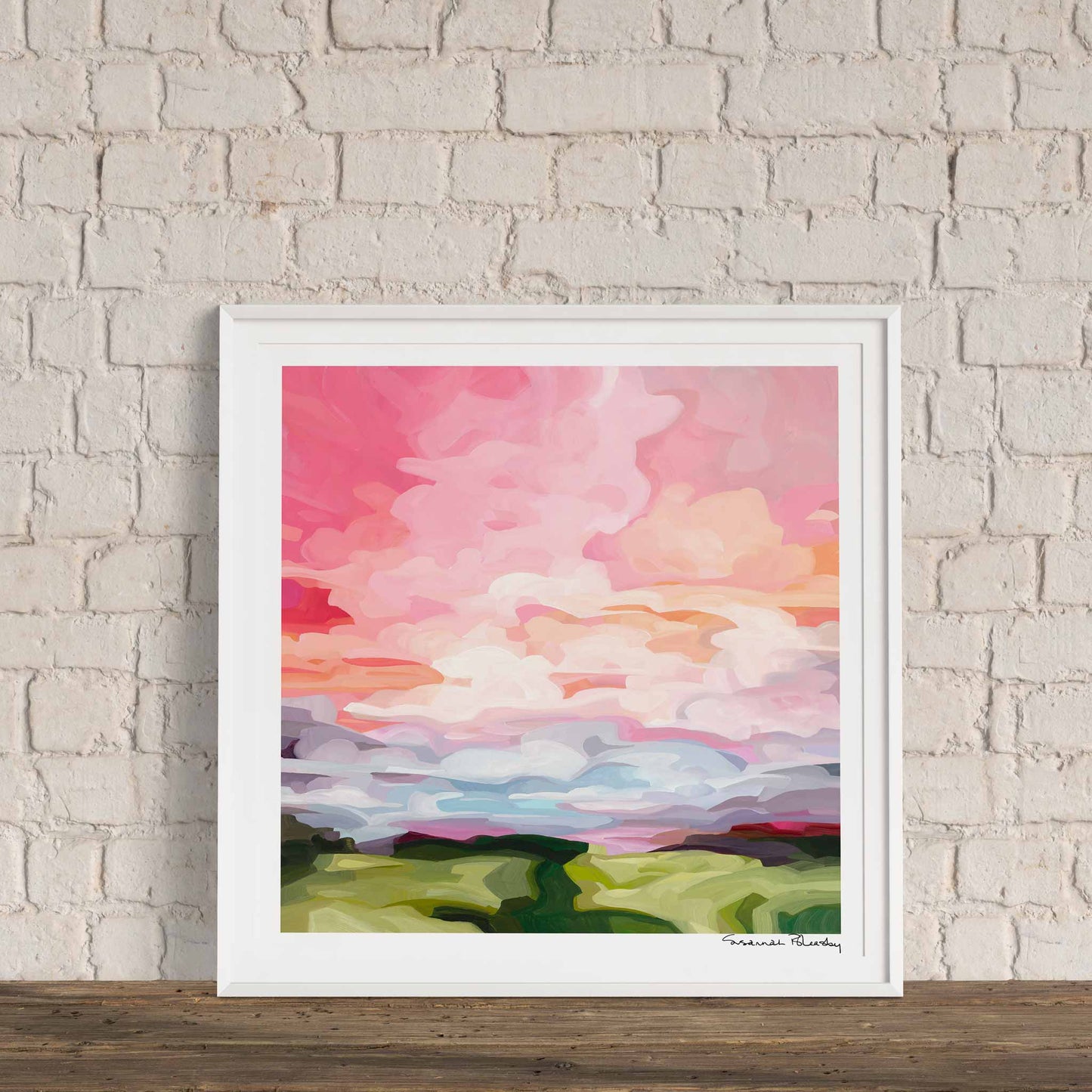 Acrylic sky painting peach pink morning sky framed wall art print by Canadian artist Susannah Bleasby