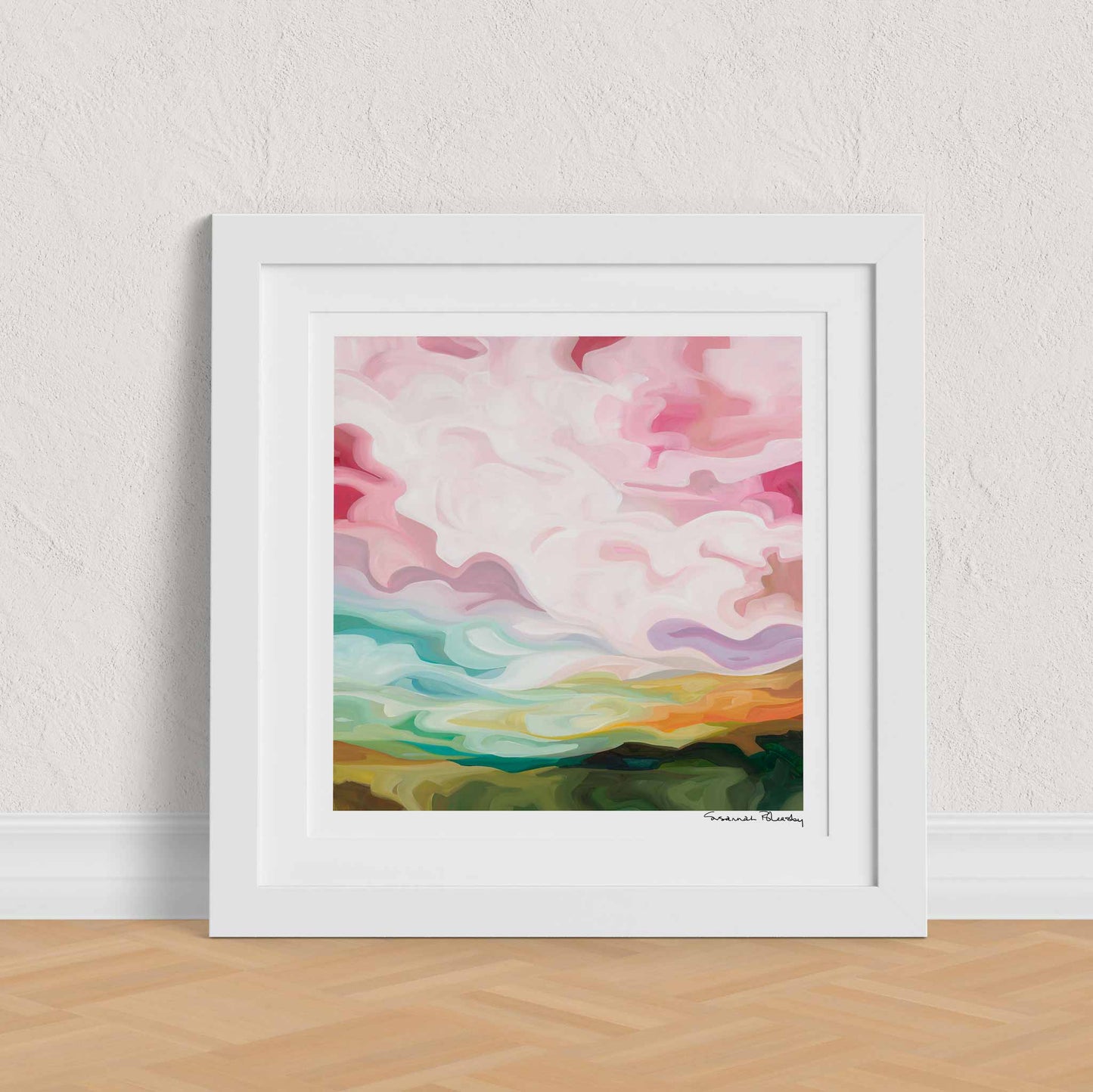 A square art print of a pastel color sunrise created from an acrylic sky painting by Canadian artist Susannah Bleasby