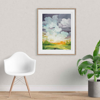 large vertical art print of a misty morning sunrise by Canadian abstract artist Susannah Bleasby