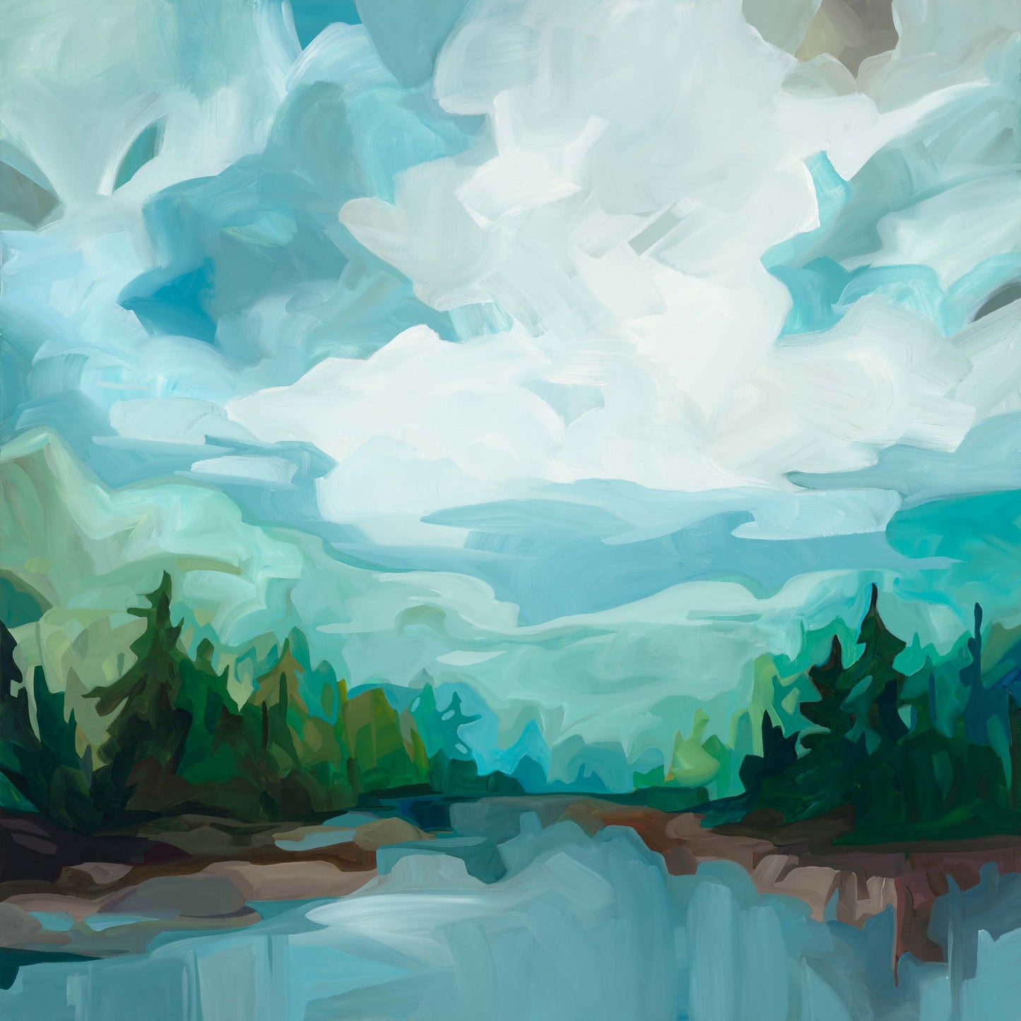 Blue Spruce' lake scene painting fine art print by Canadian abstract artist Susannah Bleasby