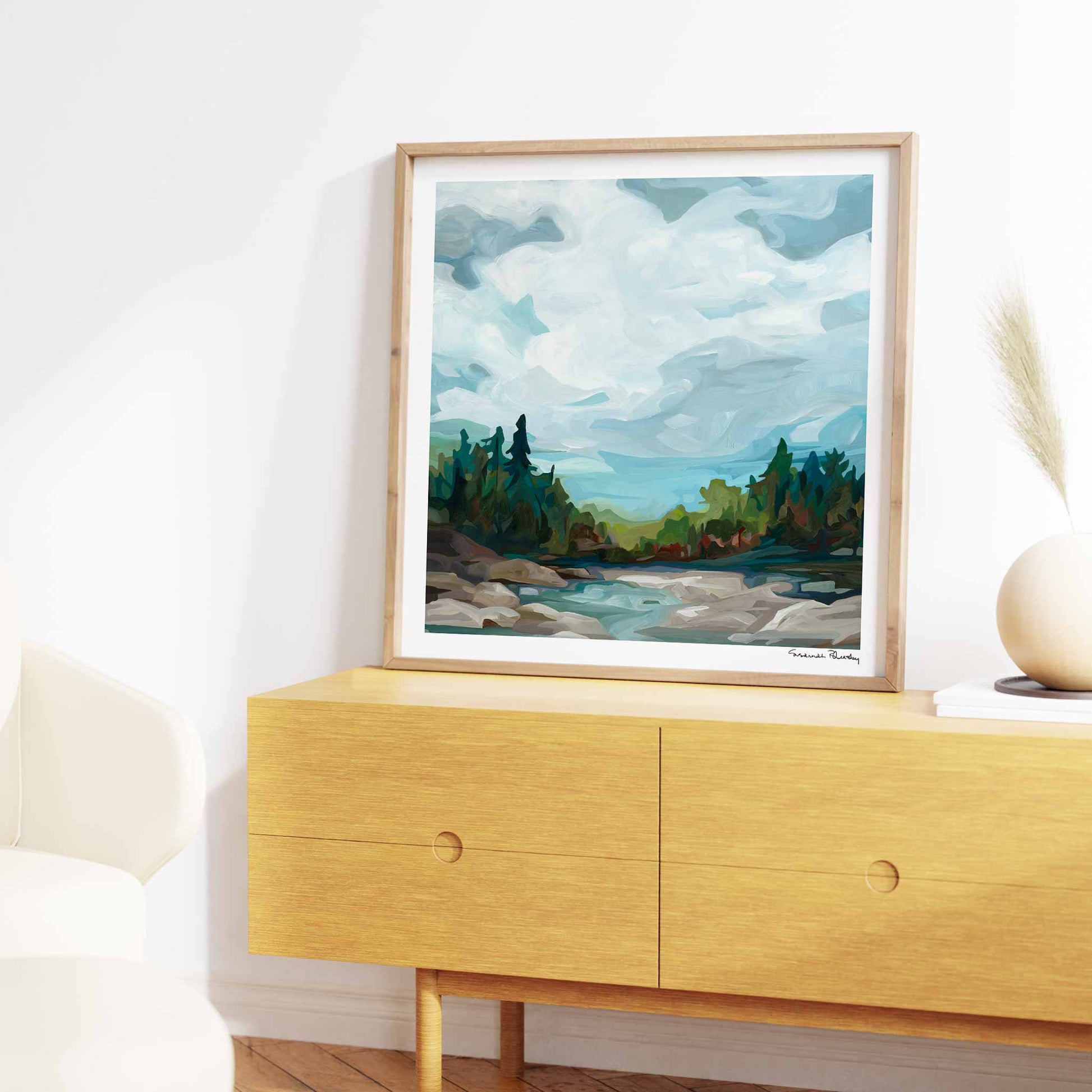 Square fine art print of acrylic abstract landscape painting â€˜Stoney Lakeâ€™