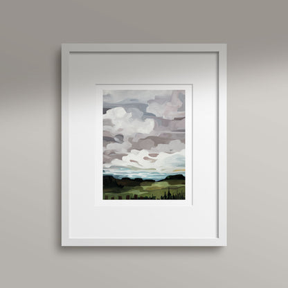 Vertical art print of an abstract landscape painting with a muted palette of soft greys and greens with white billowy clouds floating in light blue sky