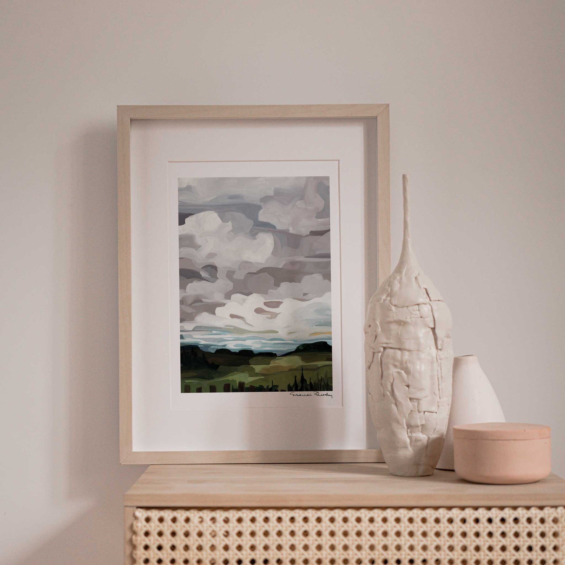 Framed art print of acrylic sky painting in muted color palette 12x16