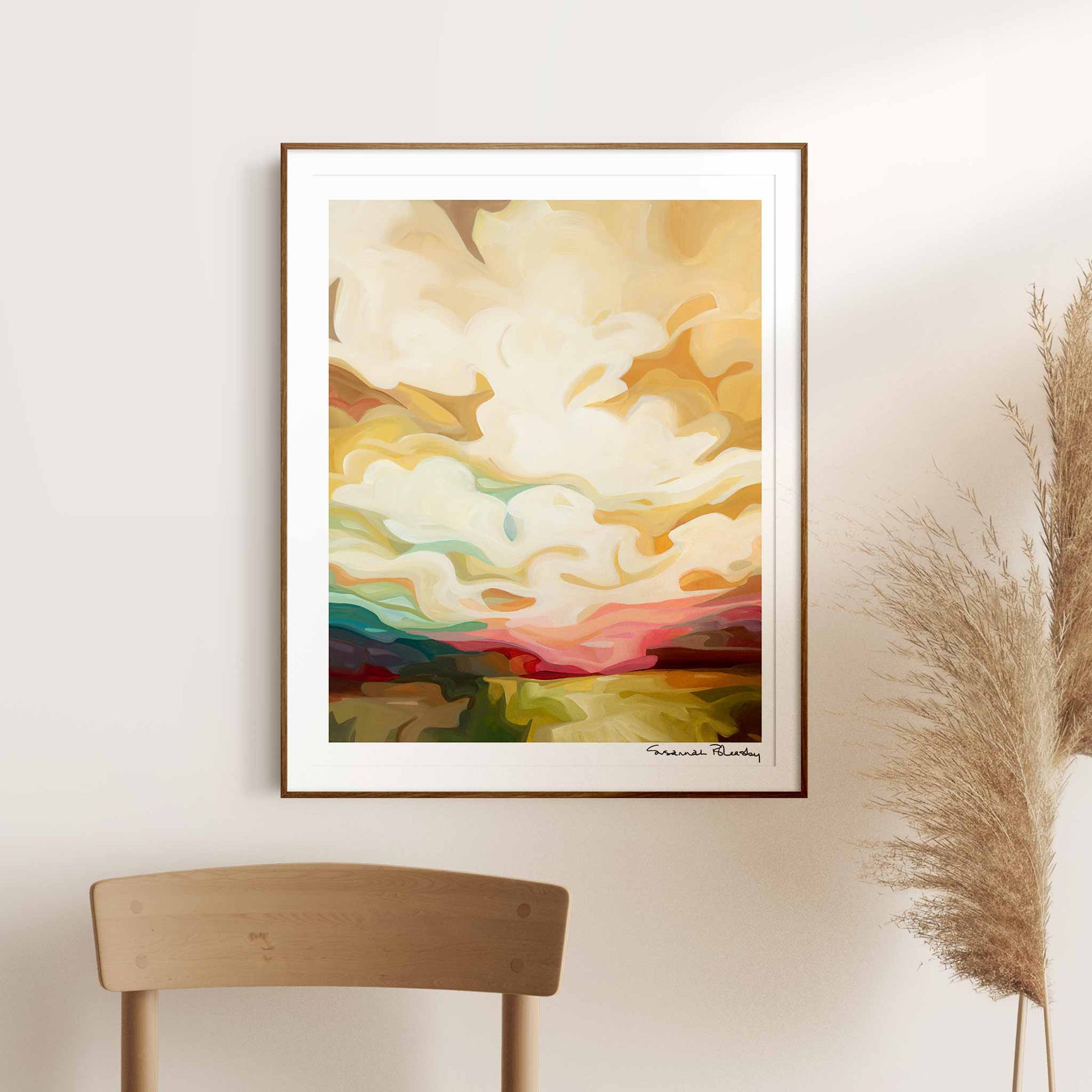 vertical art print of a golden sunrise painting by Canadian abstract artist Susannah Bleasby