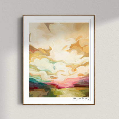Abstract sky painting of a golden sunrise framed as an art print