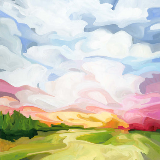 Heavens Above Limited Edition fine art print colourful sunrise soft billowy white clouds floating above a lush green field.