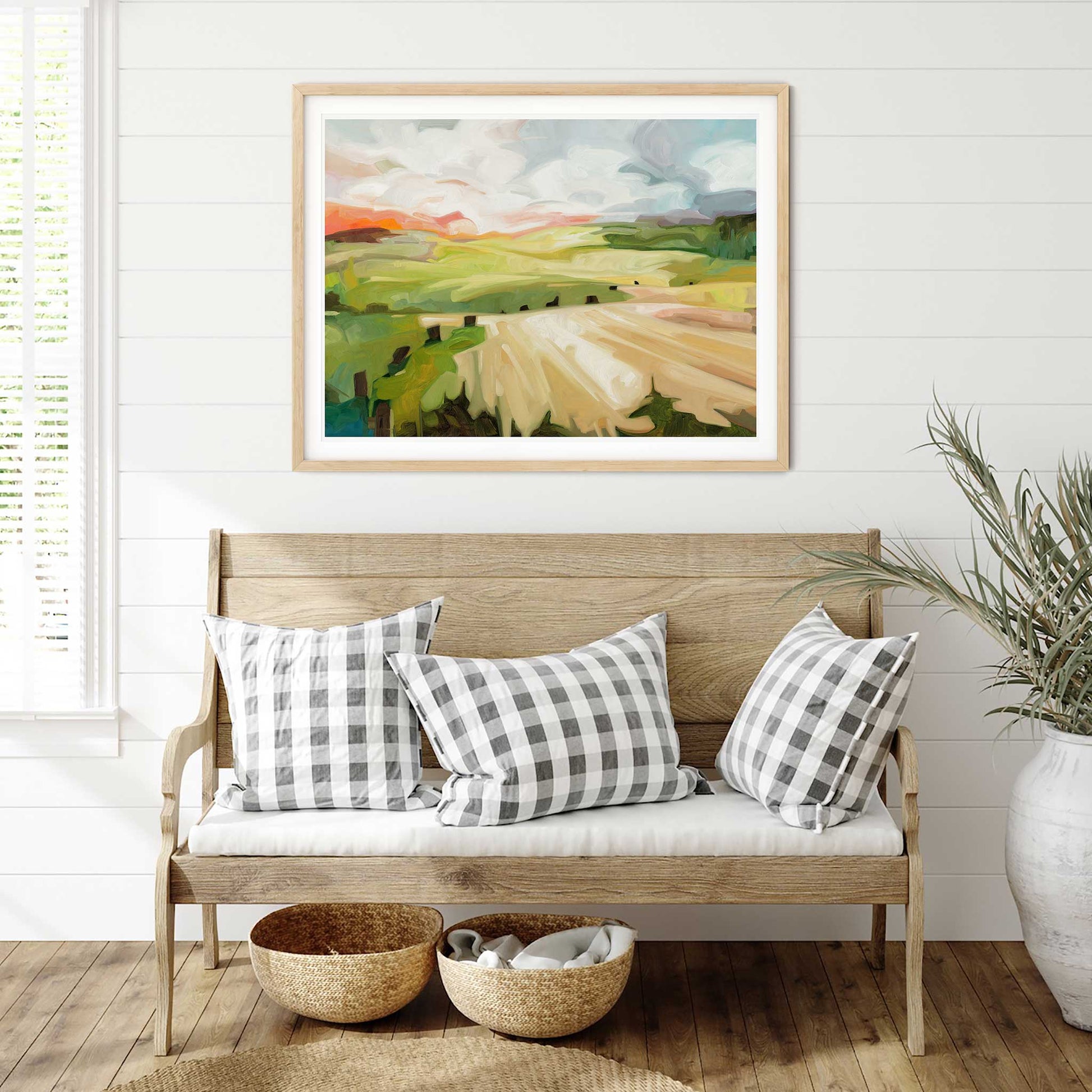large horizontal abstract landscape art print in entrance hallway