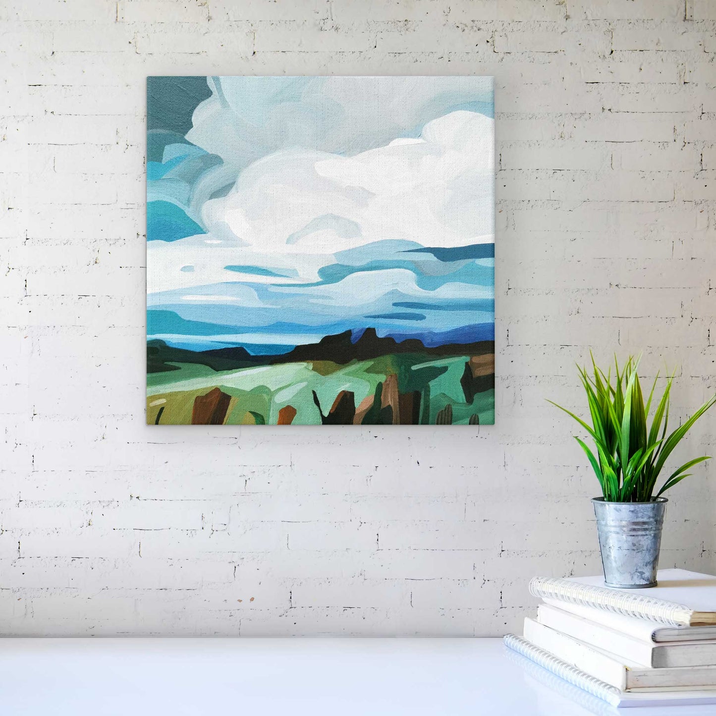 Contemporary abstract lakes & forest landscape acrylic original painting on gallery wrapped canvas by Susannah Bee.