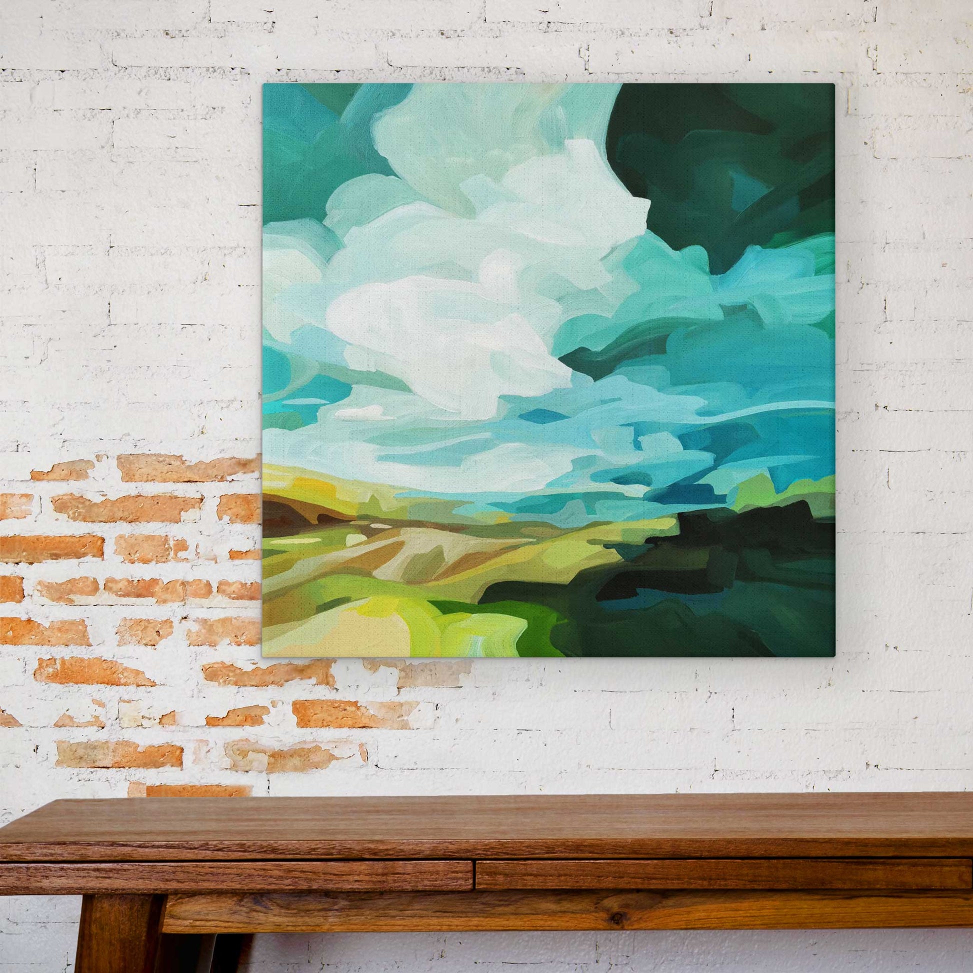 Contemporary abstract lakes & forest landscape acrylic original painting on gallery wrapped canvas by Susannah Bee.