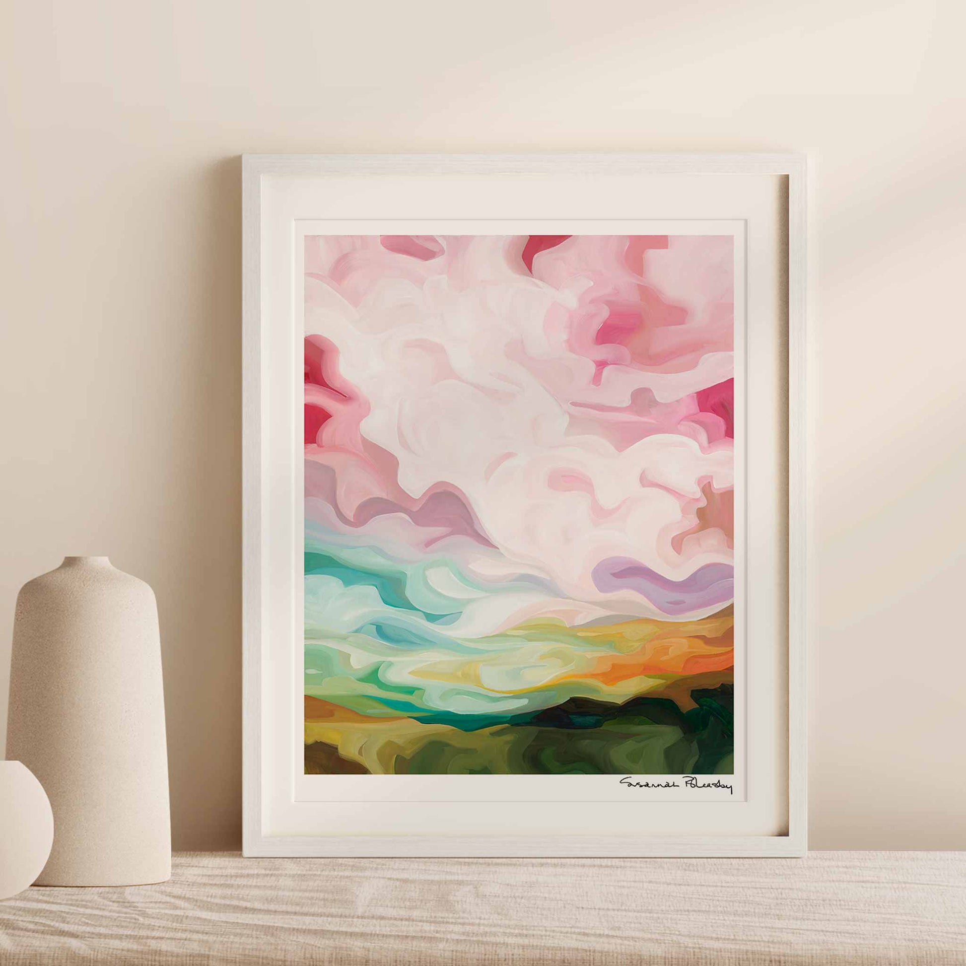 Vertical art print of a pastel sunrise painting by Canadian abstract artist Susannah Bleasby