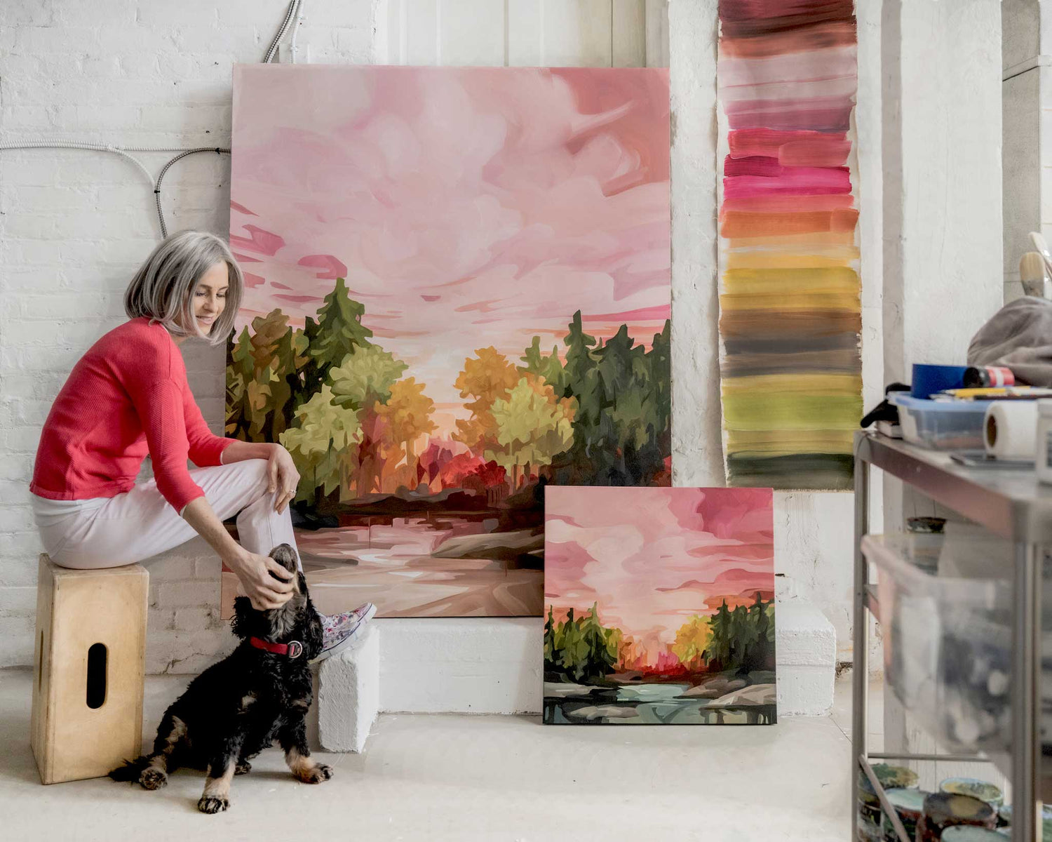 Rosewater 48x60 autumn forest painting in artist studio with Canadian abstract artist Susannah Bleasby