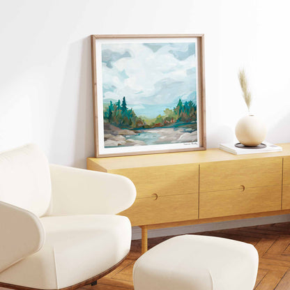 Large square fine art print for living room of acrylic abstract landscape painting