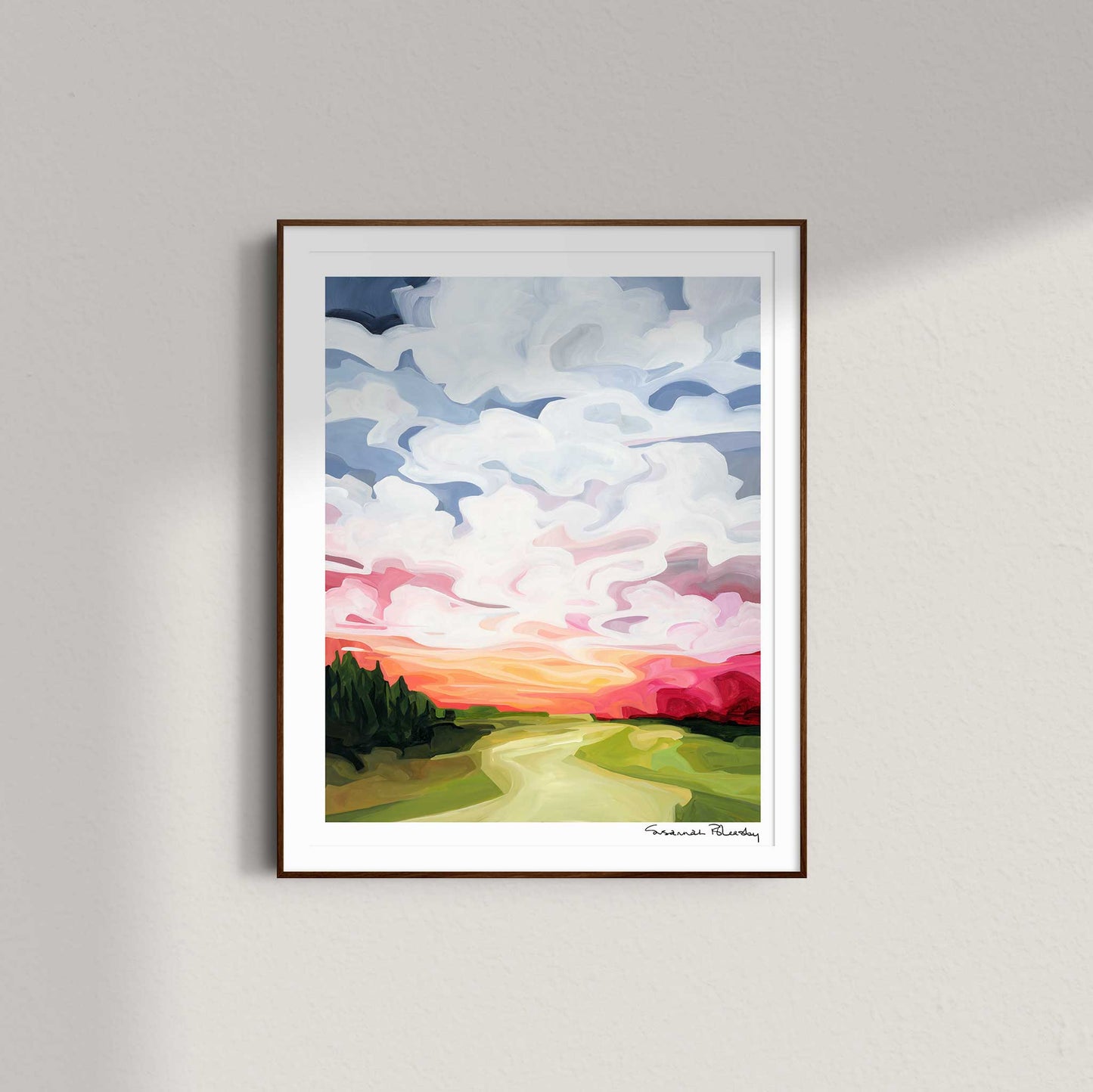 Framed 16x20 vertical art print of a vibrant sunrise painting by Canadian artist Susannah Bleasby