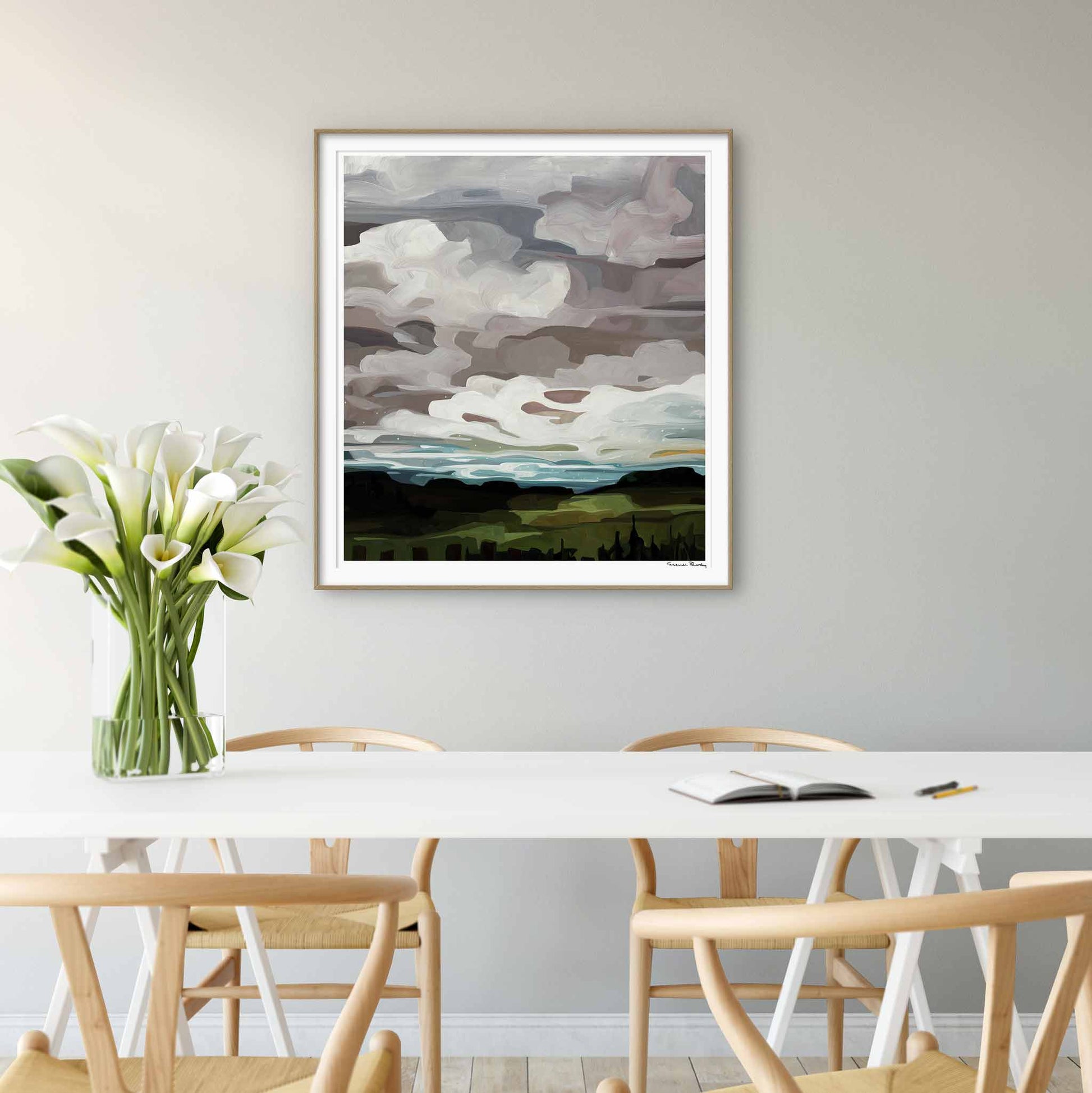 Oversized abstract landscape art print created from a warm grey painting of gren landscape and soft grey clouds