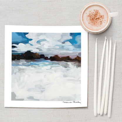 small square art print of an acrylic abstract landscape painting showing a bright blue winter sky after a fresh snowfall