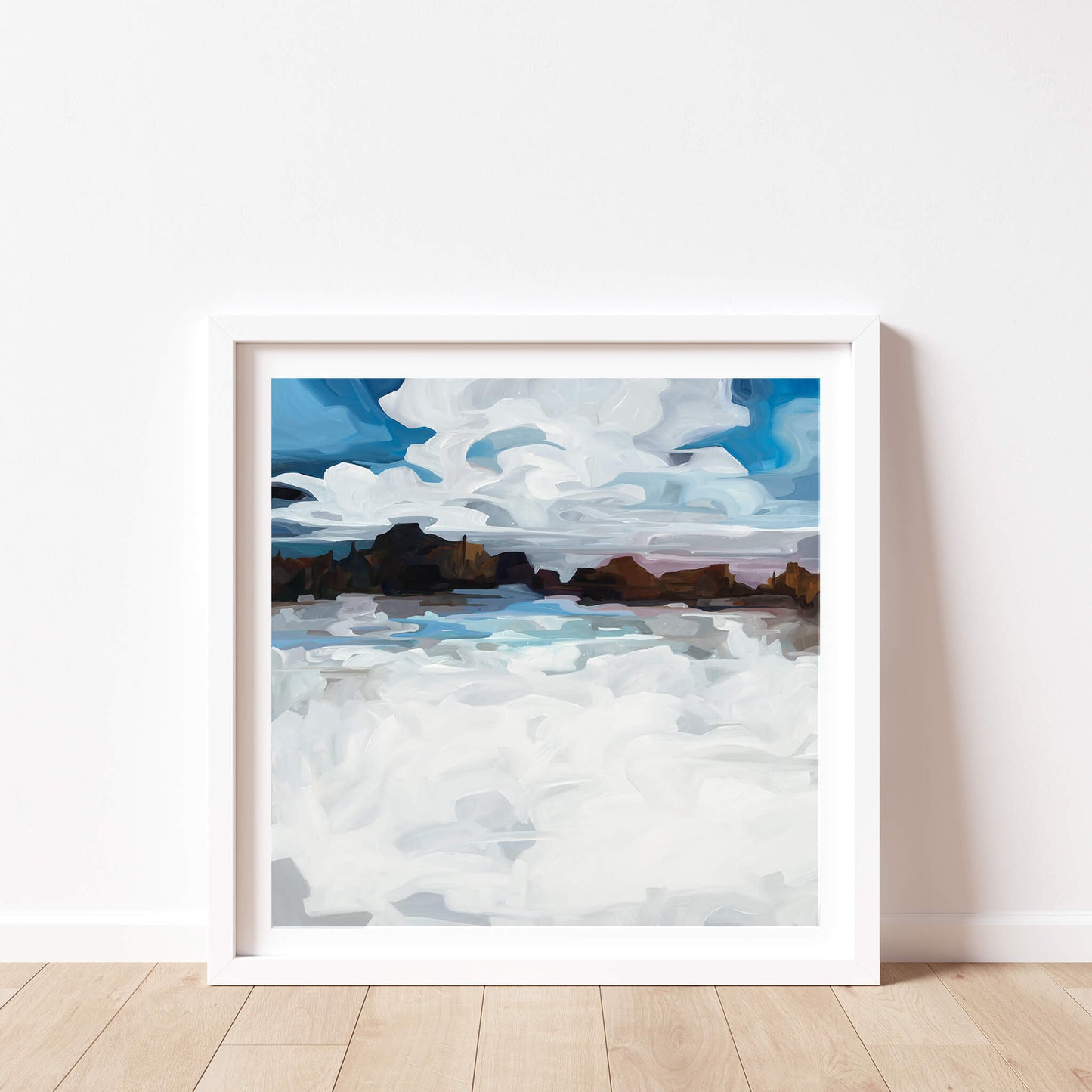 A framed fine art print of Winterlake an abstract winter landscape by Canadian artist Susannah Bleasby