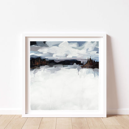 A framed fine art print of Winterland an abstract winter landscape by Canadian artist Susannah Bleasby