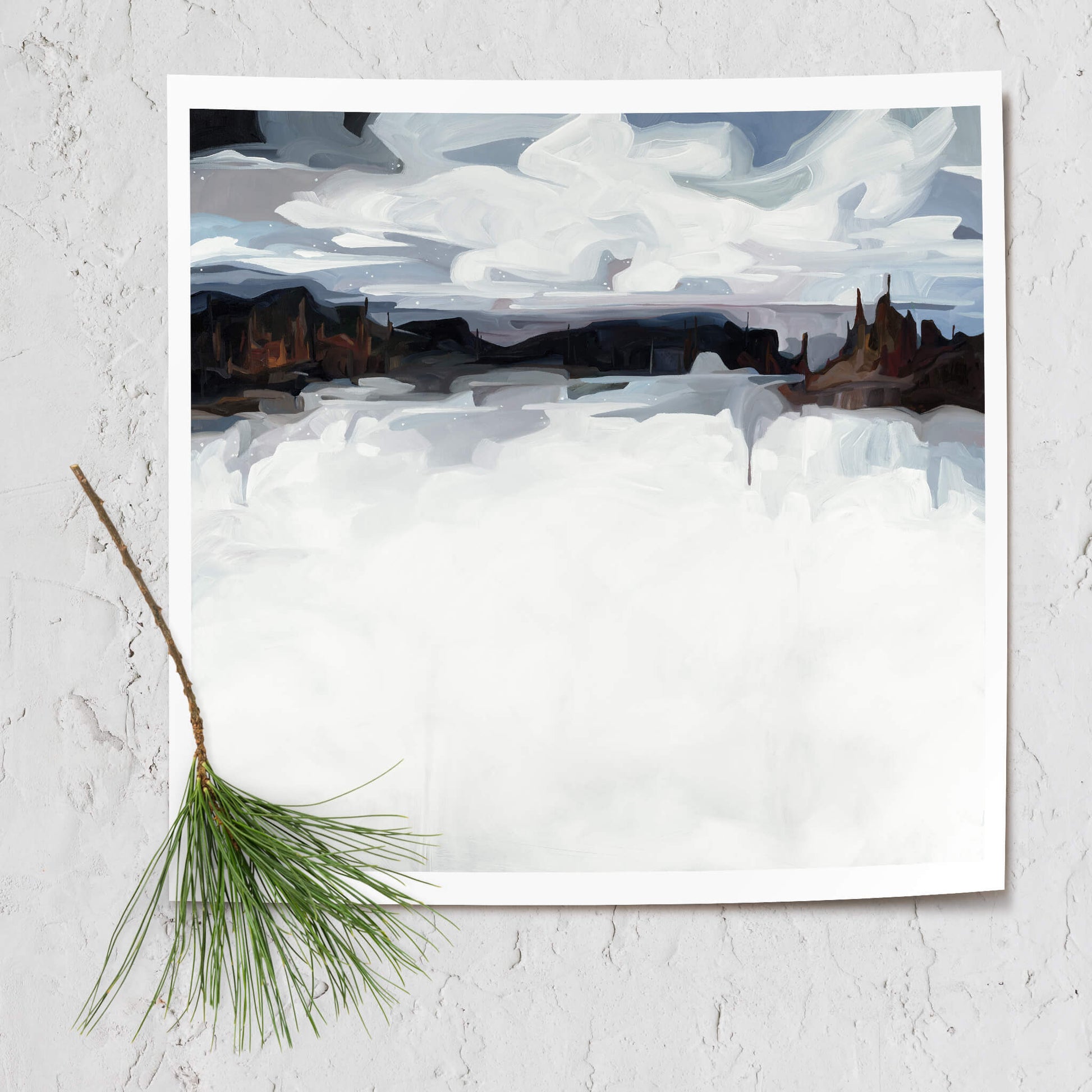 'Winterland' a fine art print of a snowy winter scene of an abstract landscape by Canadian artist Susannah Bleasby