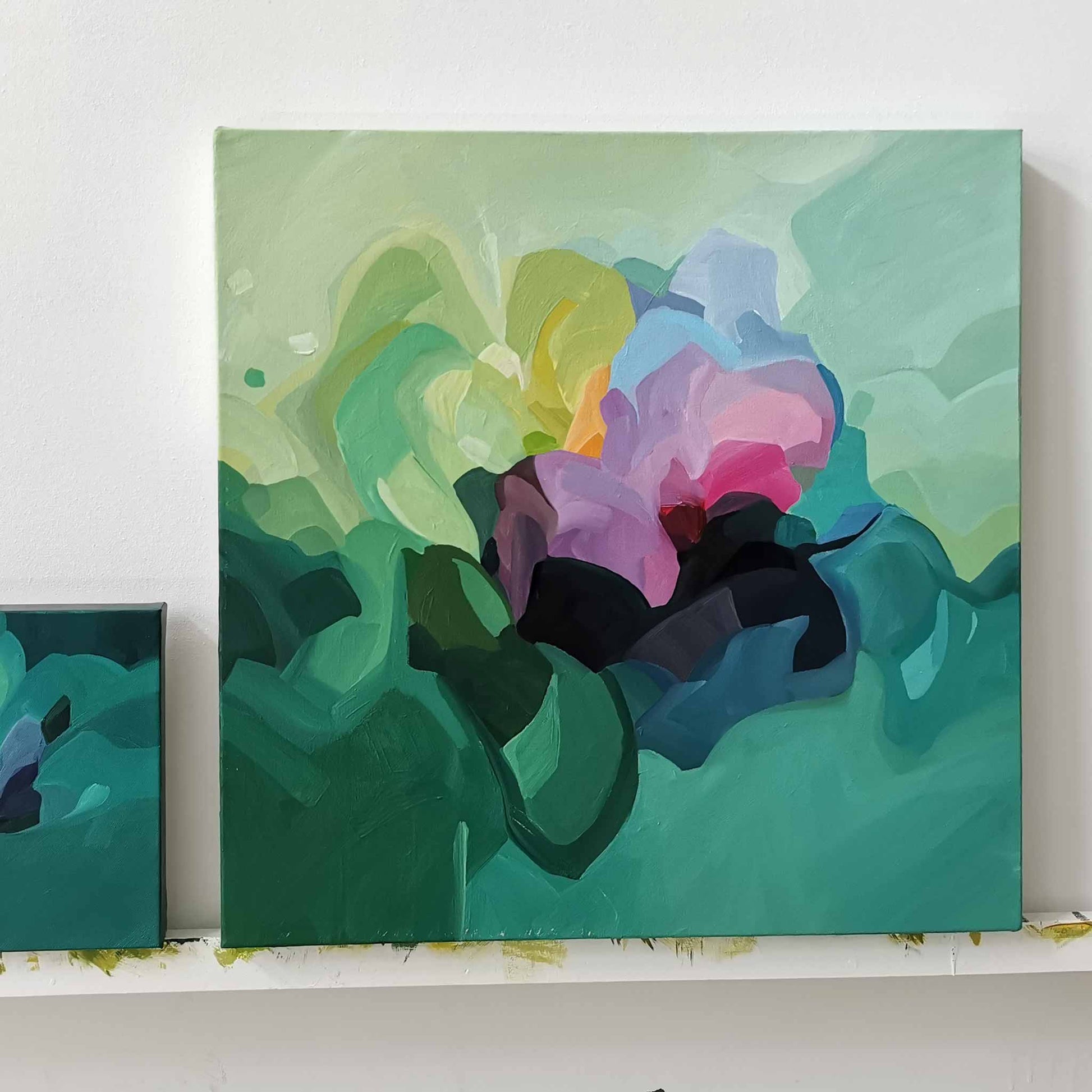 colourful jade green abstract painting on canvas is studio by Canadian artist Susannah Bleasby
