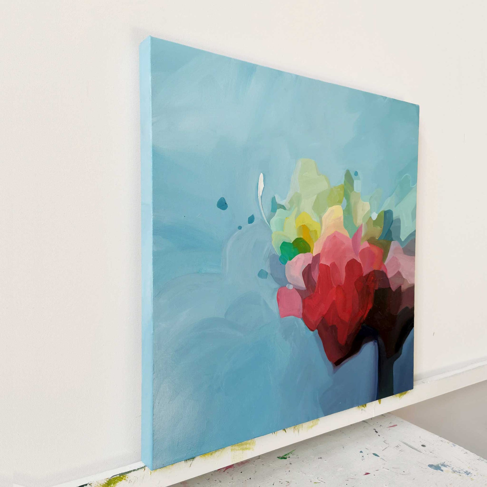 sky blue abstract acrylic painting on canvas in studio by Canadian artist Susannah Bleasby