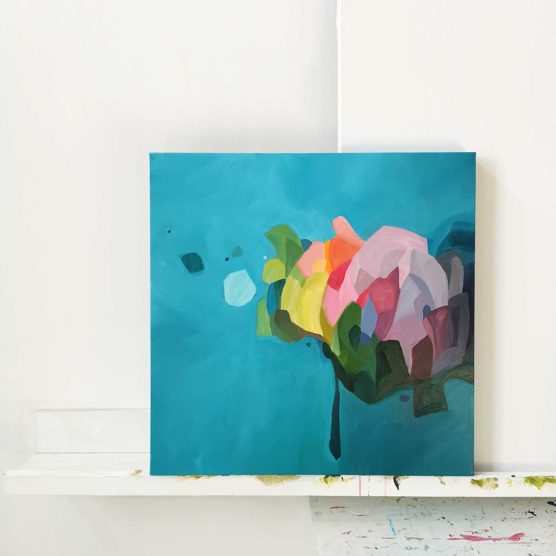 turquoise acrylic abstract painting on canvas in studio by Canadian artist Susannah Bleasby