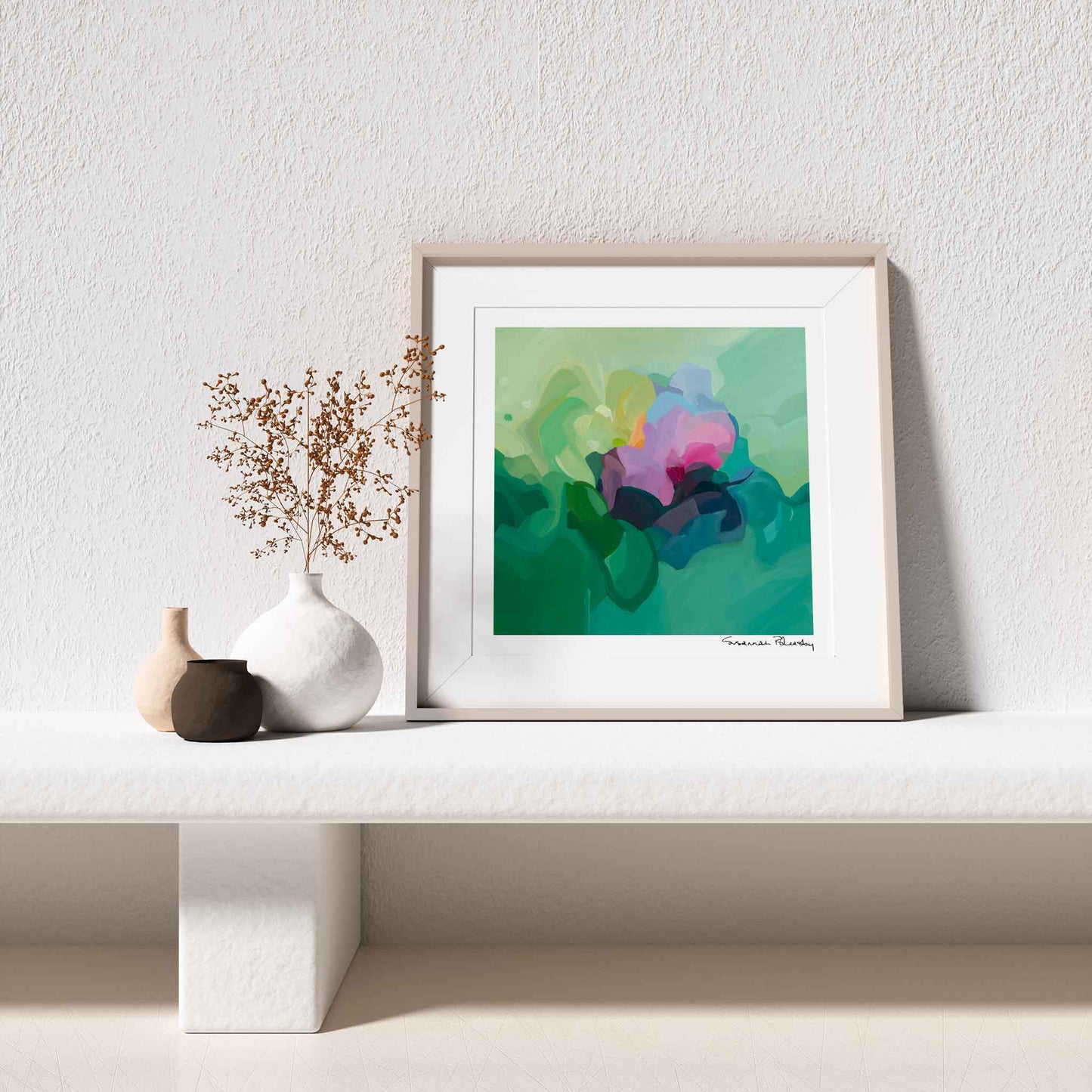 framed light jade green abstract art print based on an acrylic abstract painting
