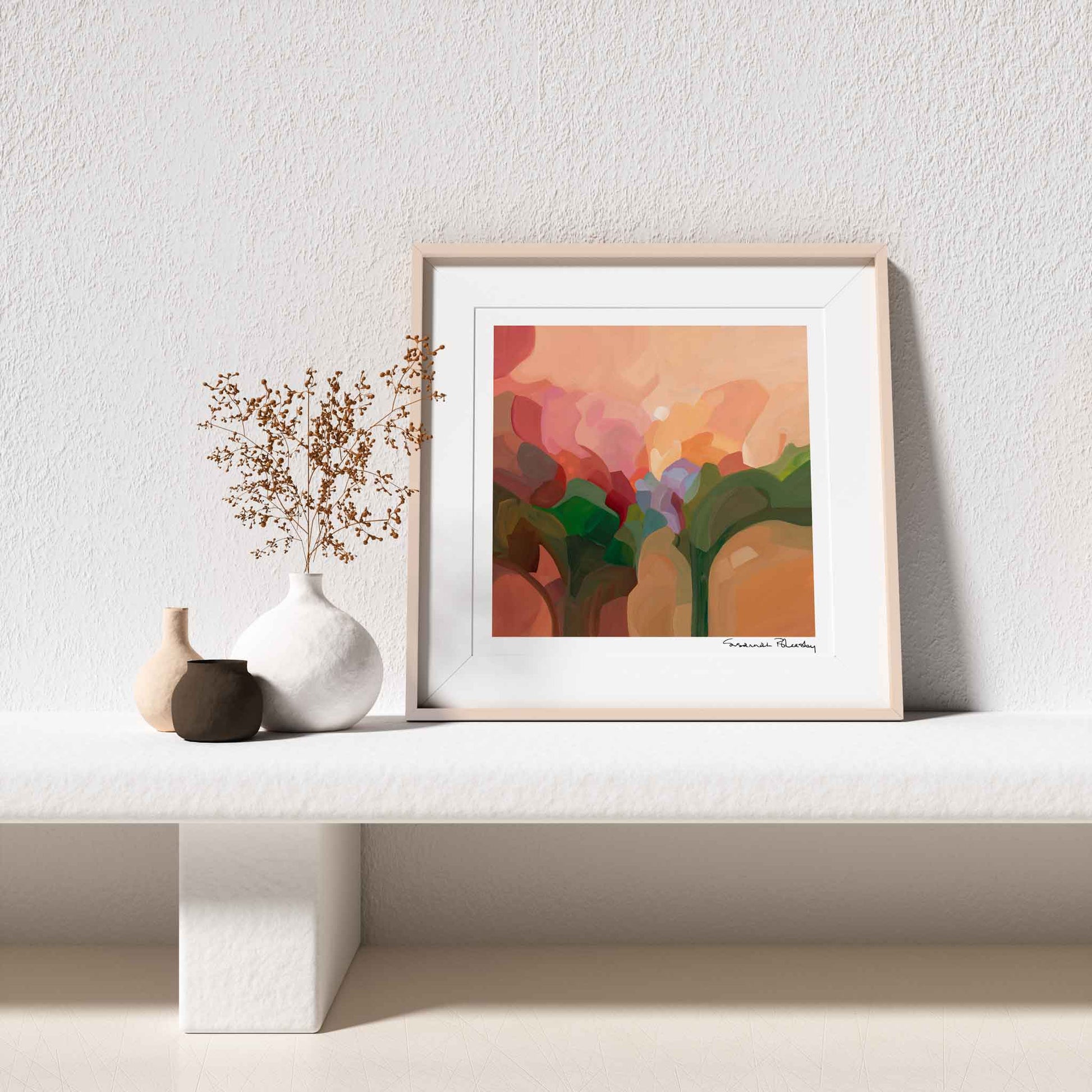 peach coral color abstract art print created based on a colorful acrylic abstract painting