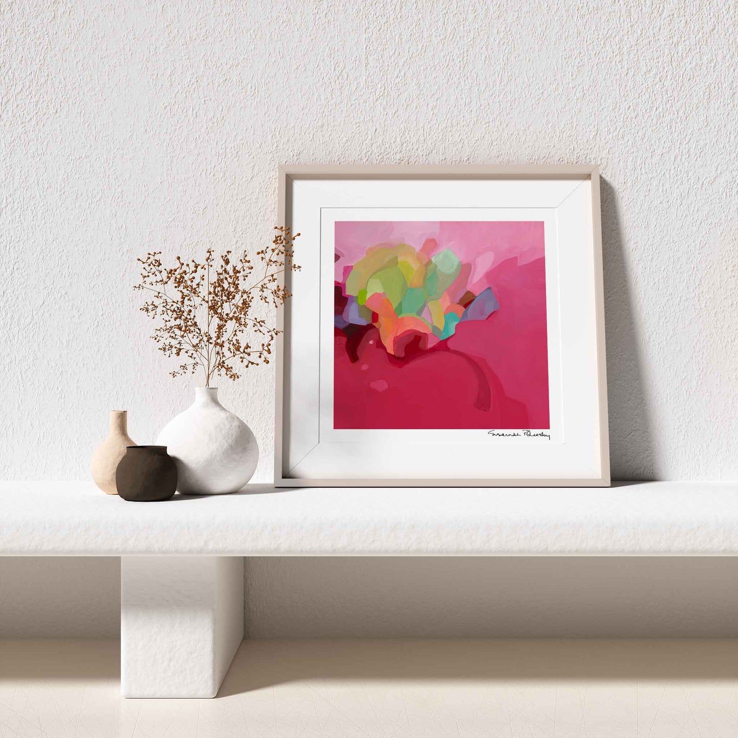 framed raspberry red abstract art print created from an acrylic abstract painting