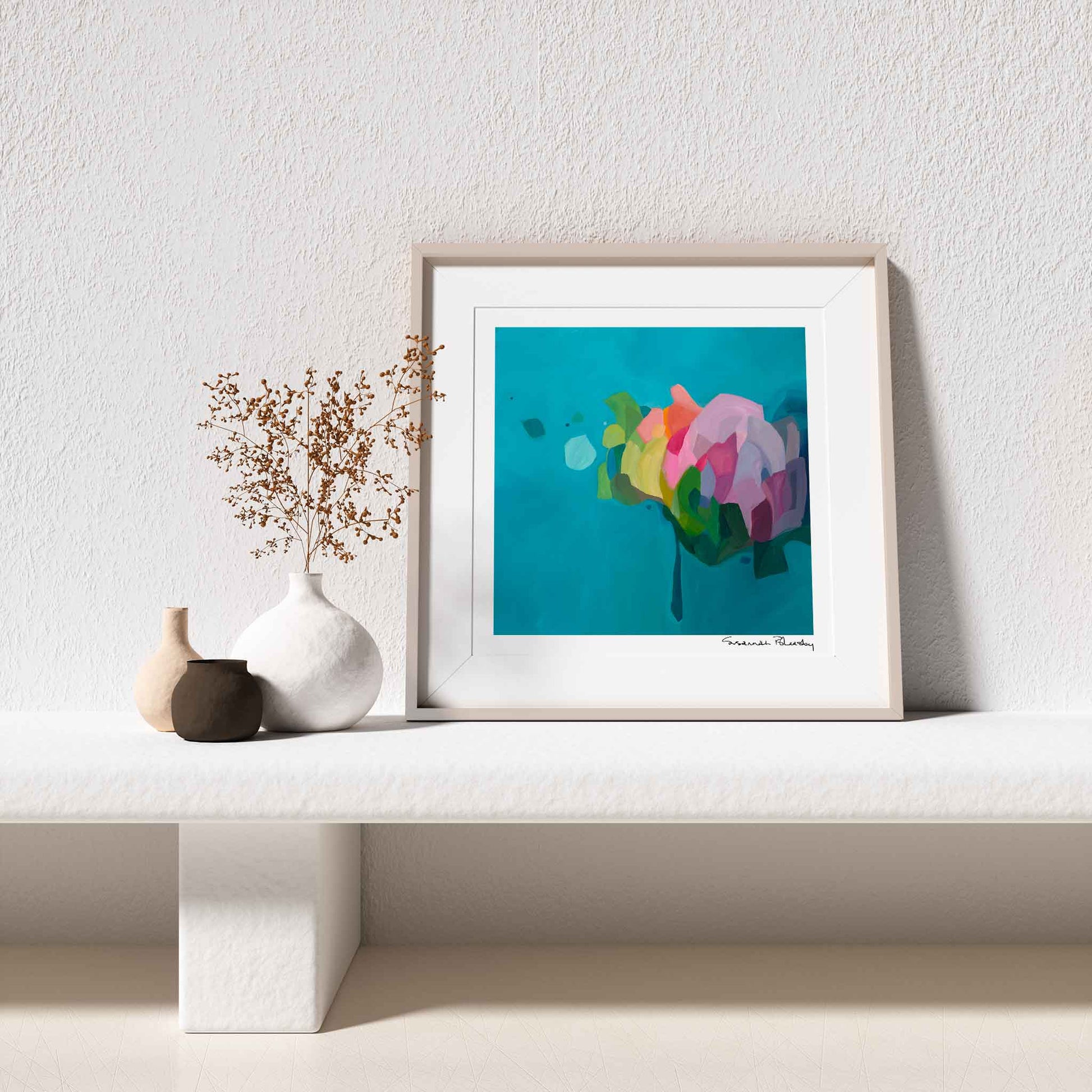framed turquoise abstract art print made from a contemporary acrylic abstract painting