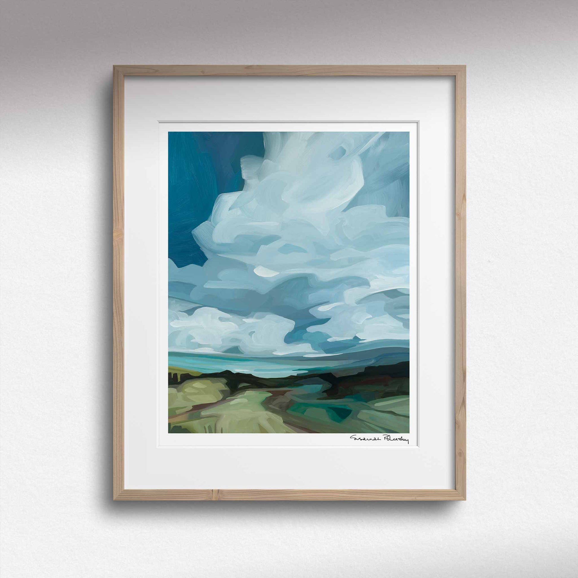 vertical art print of outlander an abstract landscape acrylic sky painting with big blue sky and green fields stretching to the horizon