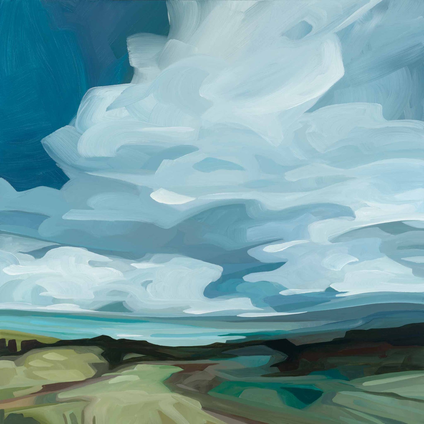image of an abstract landscape acrylic sky painting with sweeping blue sky and green fields stretching to the horizon