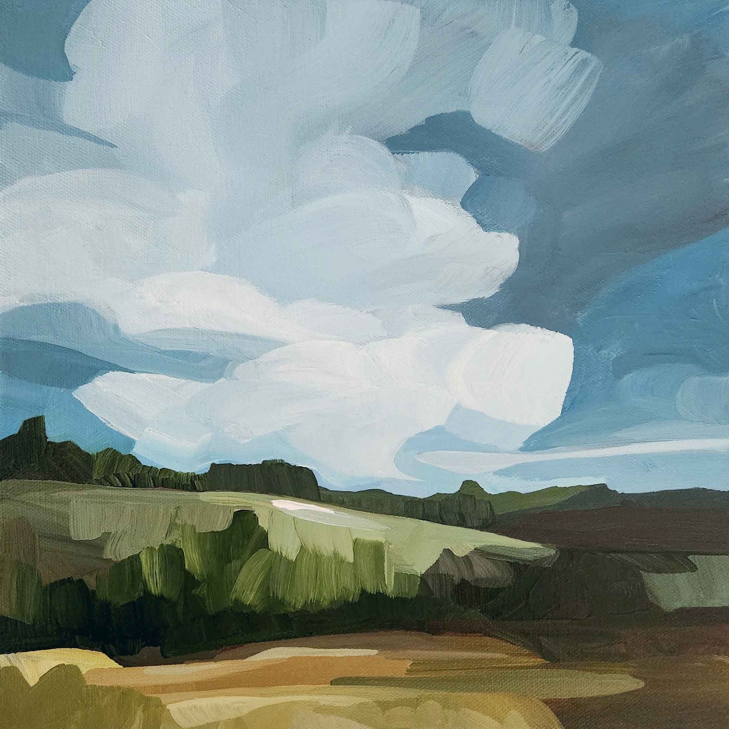 abstract landscape painting with big white clouds floating in a blue sky