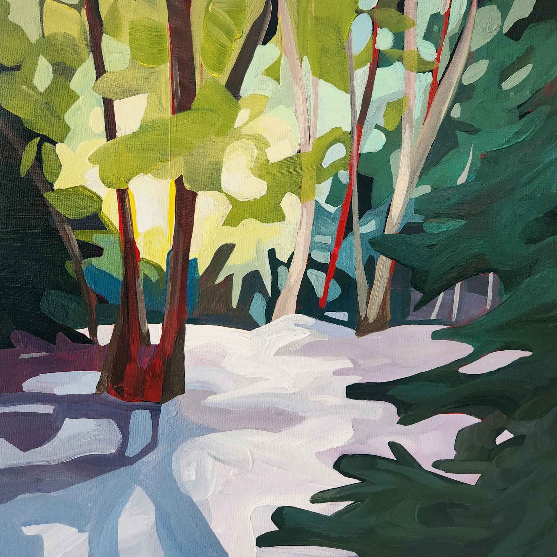 abstract forest painting of a lush forest in winter 